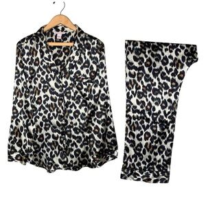 Victoria's Secret Silky Satin PJ Pajama Set L Leopard Animal Print Preppy Lounge